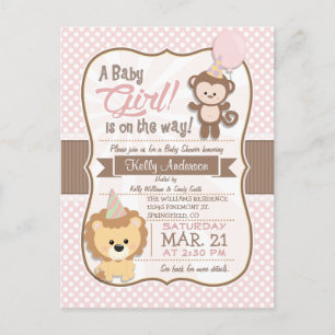 Flicka Monkey och Lejon Pastel Baby Shower Inbjudan Vykort