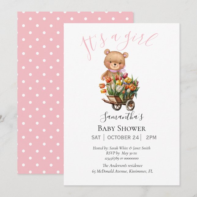 flicka nalle-inbjudan meddelande (Fram/baksida)