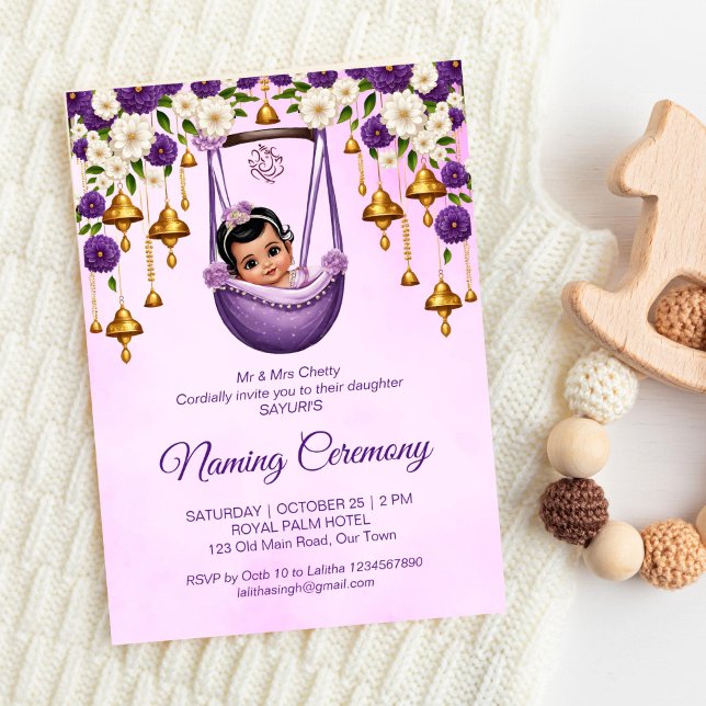 Flicka Naming Namkaran Cradle Ceremonys lila Inbjudningar (Baby Girl Naming Namkaran Cradle Ceremony purple Invitation template instant download cute girl sari)