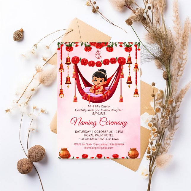 Flicka namnger Namkaran Cradle Ceremony Inbjudningar (Baby Girl Naming Namkaran Cradle Ceremony editable template Invitation cute Indian baby red and gold)