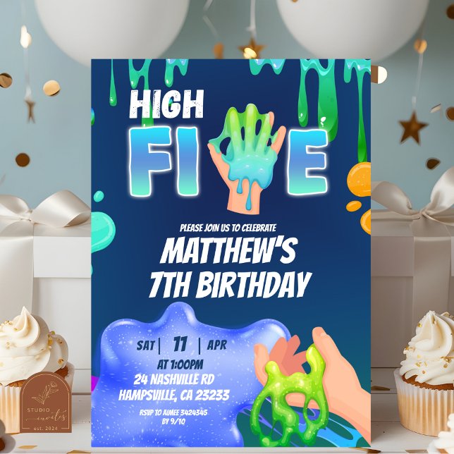 Flicka Neon Blå Grön Slime High Five Inbjudan (Skapare uppladdad)