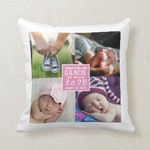 flicka Nursery Photo Collage Birth Stats Kudde