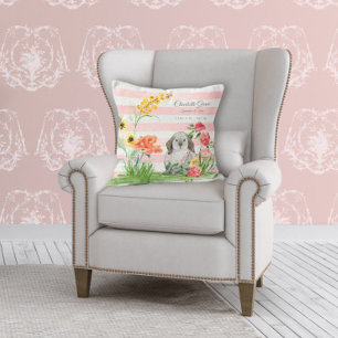 Flicka Nursery Rabbit Blommigt Birdstat Namn Kudde