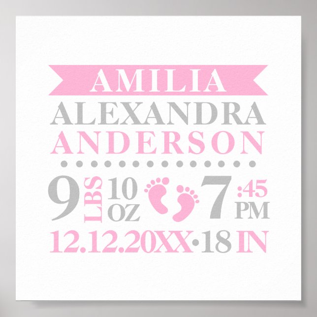 Flicka Nursery Room Birth Stats Keepsaky Poster (Framsidan)