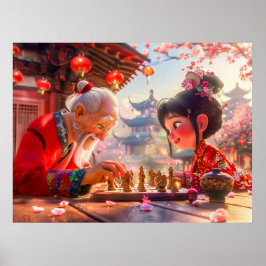 Flicka och farfar spelar modern schack poster