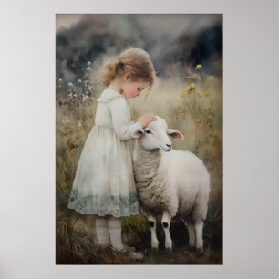 Flicka Och Fårtryck, Antik Herdinna Lamm Poster