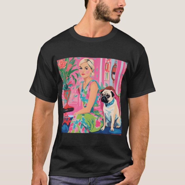 Flicka och fawn mops i preppy inredning t shirt (Framsida)