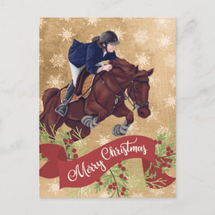 Flicka och häst hoppar God Jul Guld Vykort