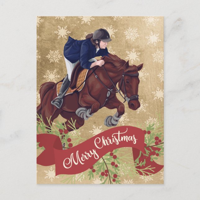 Flicka och häst hoppar God Jul Guld Vykort (Framsida)