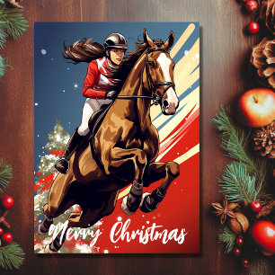 Flicka och häst hoppar God Jul Helgkort