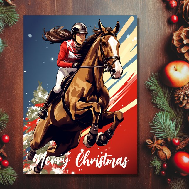 Flicka och häst hoppar God Jul Helgkort (Front - Girl and Horse Jumping Merry Christmas Holiday Card)