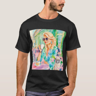 Flicka och hennes mops i en parisiskt kafé, akvare t shirt
