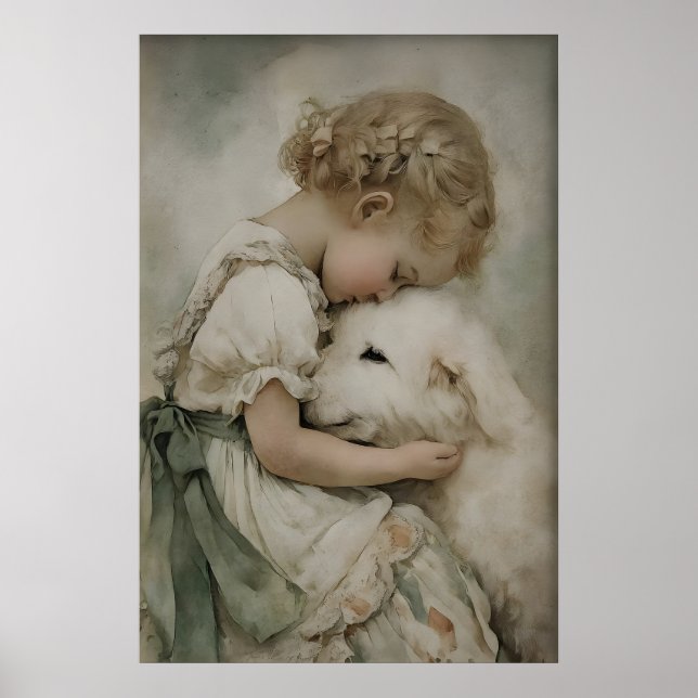Flicka och hund antikt tryck, rustik sagogrön poster (Framsidan)