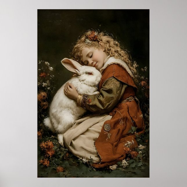 Flicka Och Kanin Tryck, Antik Kanin Utskrift Poster (Framsidan)