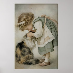 Flicka Och Katt Antiktryck, Rustik Saggrön Poster