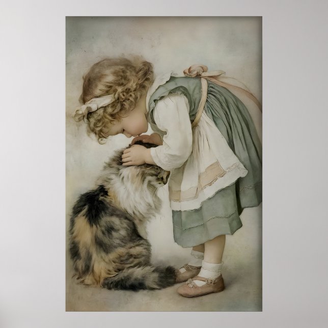 Flicka Och Katt Antiktryck, Rustik Saggrön Poster (Framsidan)