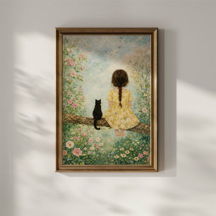 Flicka och katt i vårträdgård poster