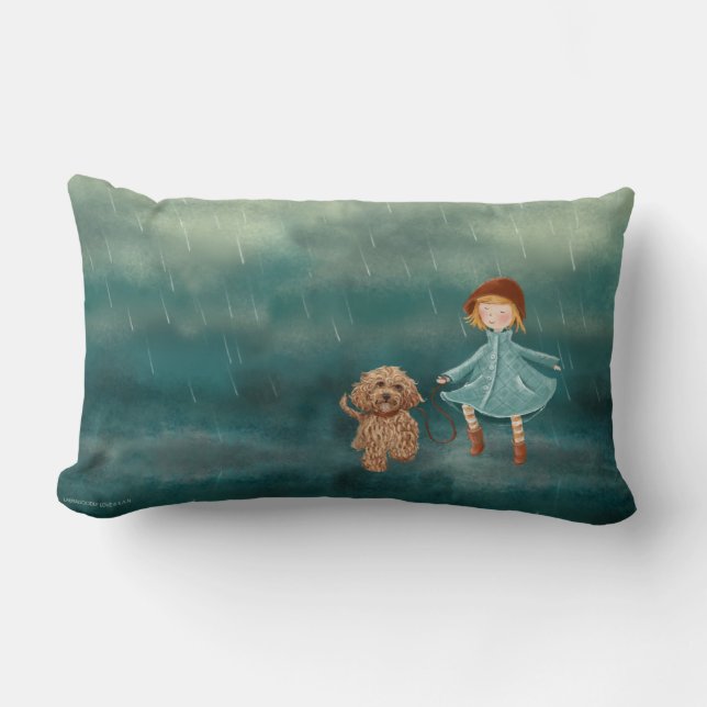 Flicka- och Labradoodle hund i regna Lumbarkudde (Framsida)