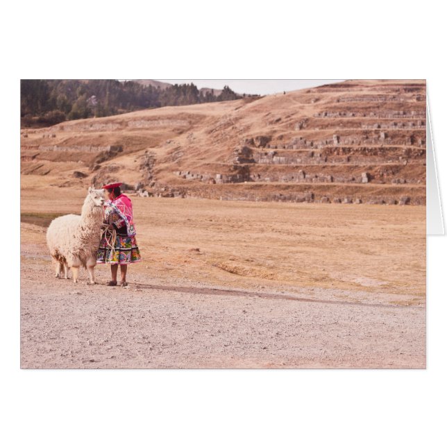 Flicka och llama hälsningskort (Framsidan Horizontal)
