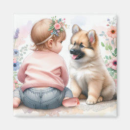 Flicka och Puppy Rosa Baby Shower Magnet