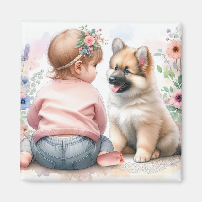 Flicka och Puppy Rosa Baby Shower Magnet (Framsidan)