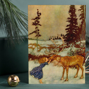 Flicka och ren jul helgkort