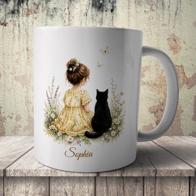Flicka och svart katt kaffemugg (Skapare uppladdad)