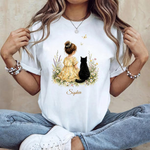 Flicka och svart katt t shirt