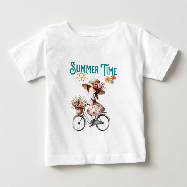 Flicka på cykel med blommor sommar t shirt (Framsida)