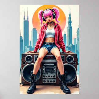 Flicka på en gammal bandspelare poster