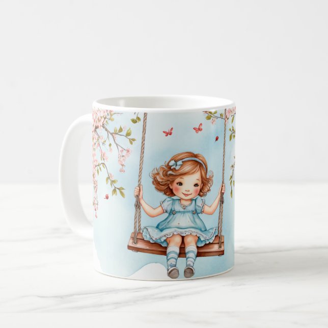 Flicka på en gunga Körsbärsblom Kaffemugg (Framsida vänster)