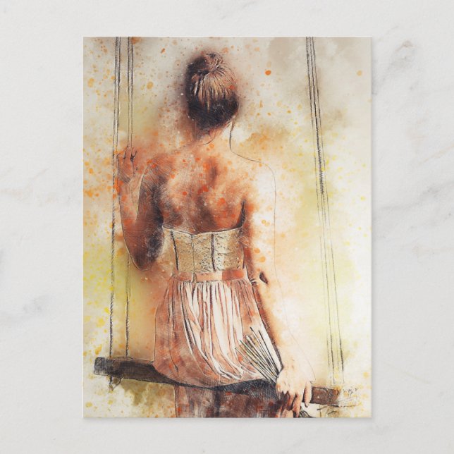 Flicka på en Swing Watercolor Vykort (Framsida)