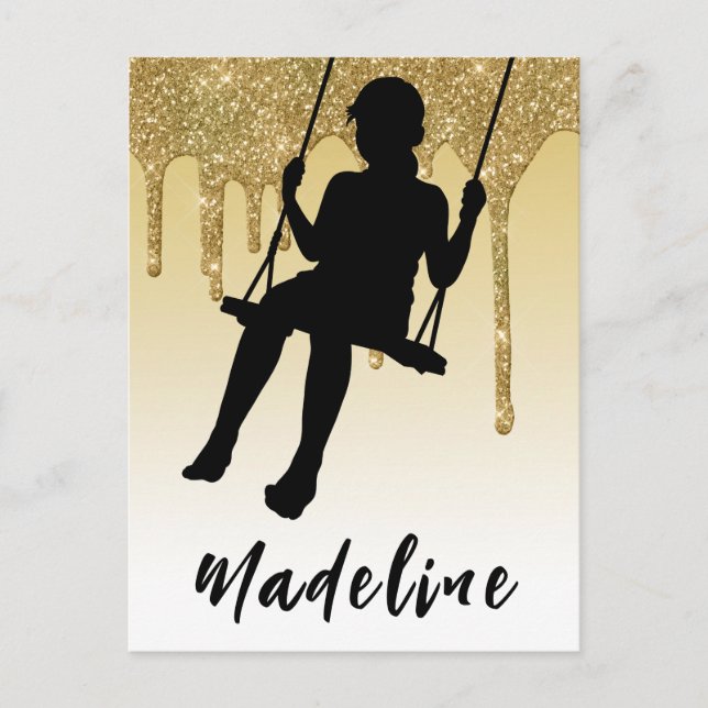 Flicka på gungställning Guld Glitter Dropp Ombre   Vykort (Framsida)