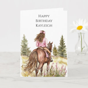 Flicka På Häst Träd Blommor Födelsedag Kort
