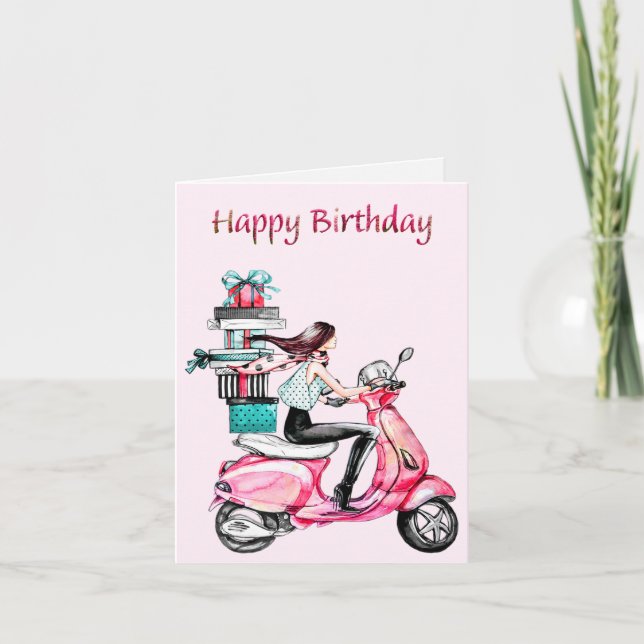 Flicka på scooter Glad födelsedag Kort (Framsida)