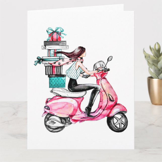 Flicka på scooter med julpresenter    kort (Liten växt)