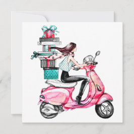 Flicka på scooter som bär presenter kort
