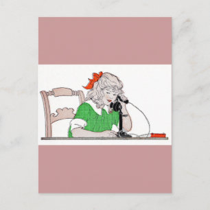 Flicka på Vintagens telefon Vykort