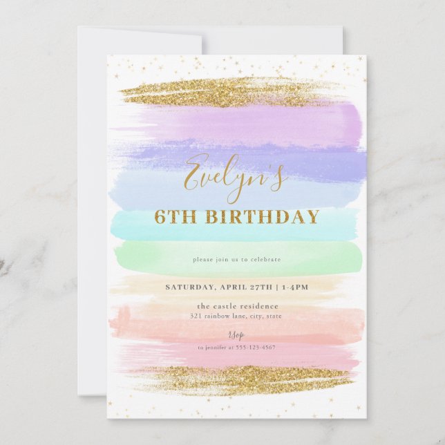 Flicka Pastel Rainbow 6e Birthday-inbjudan Inbjudningar (Framsida)