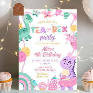 Flicka Pastell Dinosaur Tea-Rex Födelsedagsinbjuda Inbjudningar