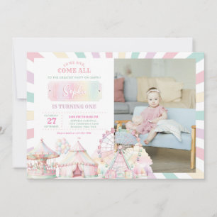 Flicka Pastell Färg Karneval Cirkus Foto Födelseda Inbjudningar
