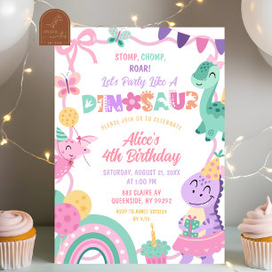 Flicka Pastell Party som en Dinosaur Födelsedag Inbjudningar