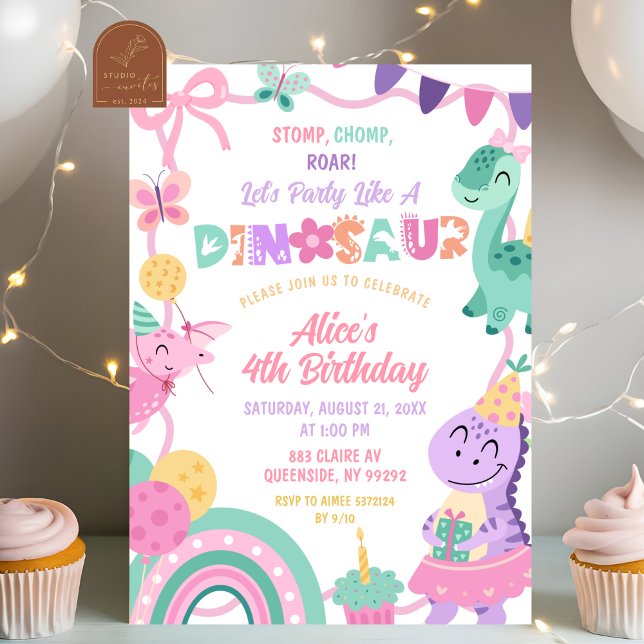 Flicka Pastell Party som en dinosaurie födelsedag Inbjudningar (Skapare uppladdad)