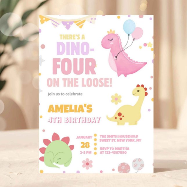 Flicka Pastell Rosa Dinosaurie 4-års Födelsedag Inbjudningar (dinosaur birthday invitation, dino four invite, 4th birthday girl invitation, pink dinosaur party, p)