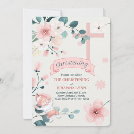 Flicka Peach-Blommarna och Teal Christening Inbjudningar