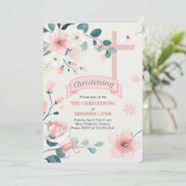 Flicka Peach-Blommarna och Teal Christening Inbjudningar