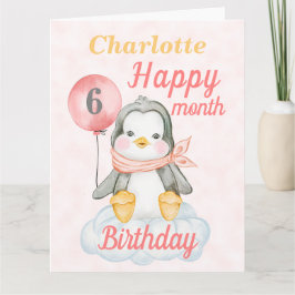 Flicka Penguin 6 månaders födelsedag Stort kort