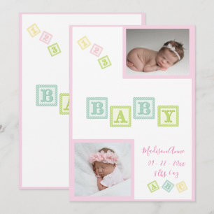 Flicka Photo ABC Blocks Rosa Newborn Bird Bird Meddelande