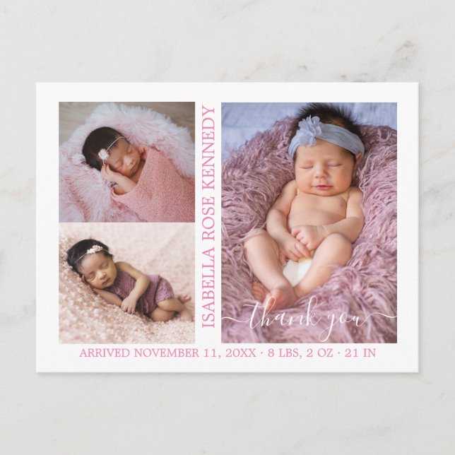 Flicka Photo Collage Script Birth-meddelande Vykort (Framsida)