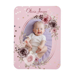Flicka Photo Cute Elegant Modern Rosa blommigt Magnet